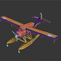 Detailed Yellow and Blue Seaplane Model with Floats on Dark Background