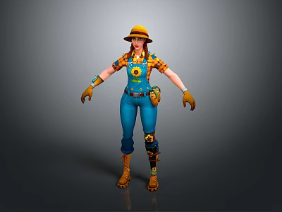 Game Movie Character In Blue Overalls With Sunflower Pattern Yellow Hat Brown Gloves And Boots 3d model