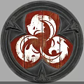 Round Decorative Shield With Ornate Frame Red And White Pattern Wooden Texture And Metal Accents