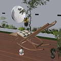 Cozy Wooden Deck Chair on Outdoor Wooden Deck with Small Stool Plants and Lanterns