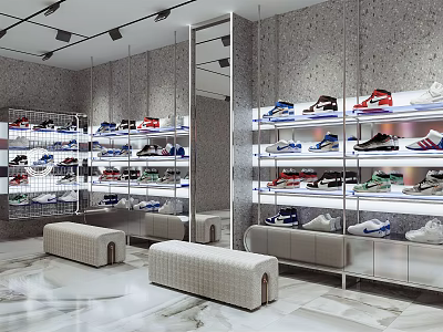 Elegant Modern Shoe Store Featuring Neatly Arranged Shelves Mirrors And Comfortable Benches 3d model