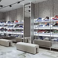 Elegant Modern Shoe Store Featuring Neatly Arranged Shelves Mirrors And Comfortable Benches