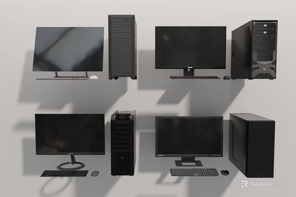 Desktop Computer Display With Multiple Monitors Towers Keyboards And Mice 3d model 