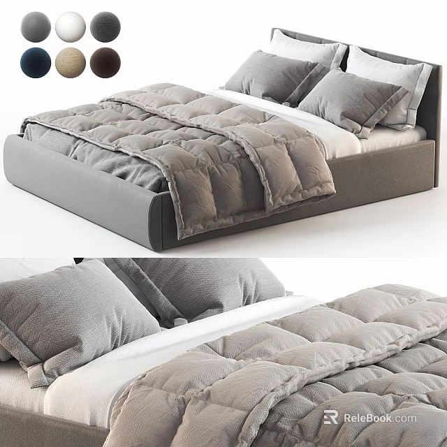 Modern Gray Double Bed With Soft Quilted Comforter Plush Pillows And Upholstered Frame 3d model 