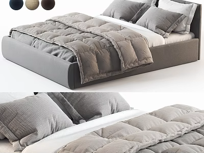 Modern Gray Double Bed With Soft Quilted Comforter Plush Pillows And Upholstered Frame 3d model