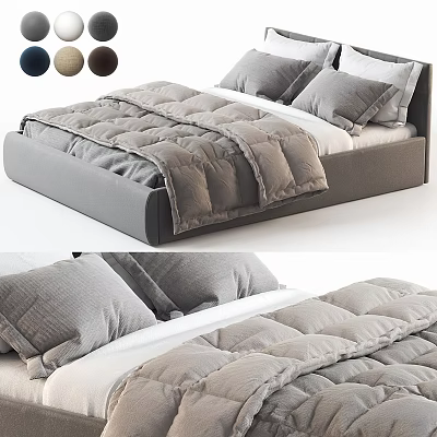 Modern Gray Double Bed With Soft Quilted Comforter Plush Pillows And Upholstered Frame 3d model