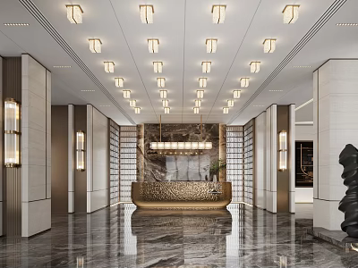 Modern Lobby Reception Desk With Marble Floor And Elegant Lighting Decorative Elements 3d model