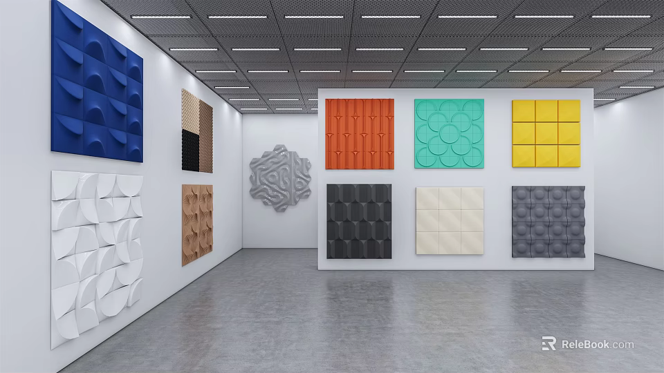 Exhibition Hall Showcasing Decorative Wall Panels With Various Colors And Patterns 3d model