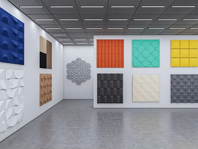 Exhibition Hall Showcasing Decorative Wall Panels With Various Colors And Patterns 3d model