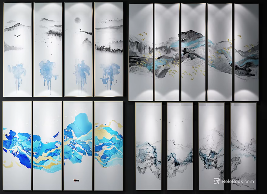 Multi Panel Chinese Ink Painting Screens With Modern Landscape Clouds And Birds 3d model 
