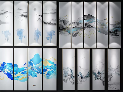 Multi Panel Chinese Ink Painting Screens With Modern Landscape Clouds And Birds 3d model