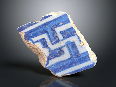 Antique Pottery Fragment Featuring Blue White Geometric Pattern And Worn Edges 3d model
