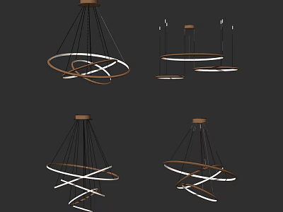 Modern Chandeliers with Circular Spiral Rings Brown Metal Frames and White Light Elements 3d model