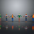 Cartoon Worker Characters Holding Hands In Line With Safety Helmets Colored Vests Gray Background Reflections