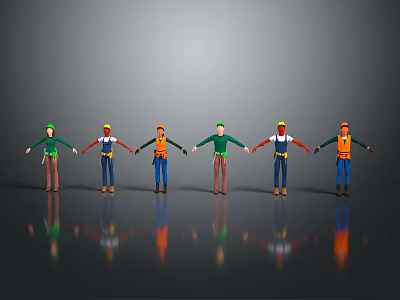 Cartoon Worker Characters Holding Hands In Line With Safety Helmets Colored Vests Gray Background Reflections 3d model