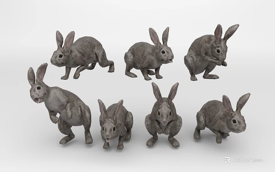 Gray Rabbit Figurines In Multiple Poses As Decorative 3d model 