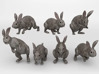 Gray Rabbit Figurines In Multiple Poses As Decorative 3d model