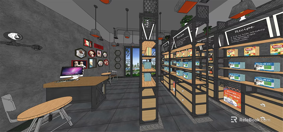 Shopping Mall Retail Store With Shelves Products Computer Desk Chairs And Wall Decorative Paintings 3d model 