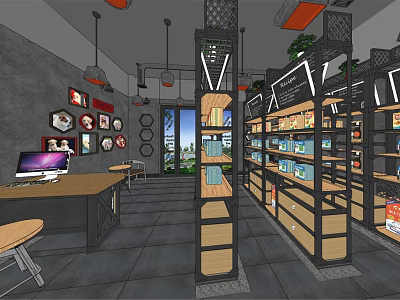 Shopping Mall Retail Store With Shelves Products Computer Desk Chairs And Wall Decorative Paintings 3d model