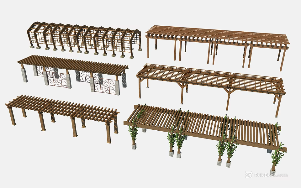 Outdoor Wooden Pergola Designs With Latticed Roofs Arched Structures And Garden Plants 3d model 