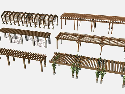 Outdoor Wooden Pergola Designs With Latticed Roofs Arched Structures And Garden Plants 3d model