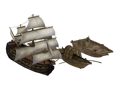 Wooden Sailing Ships With White Sails And Small Wooden Boats Vintage Design 3d model
