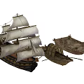 Wooden Sailing Ships With White Sails And Small Wooden Boats Vintage Design