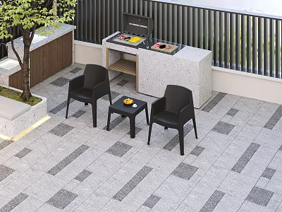 Black Outdoor Lounge Chairs With Side Table And Fruit On Patio Gray Tile Floor 3d model