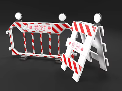 Red And White Striped Foldable Road Barriers With Reflective Lights And Detour Signs 3d model