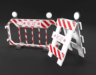 Red And White Striped Foldable Road Barriers With Reflective Lights And Detour Signs 3d model