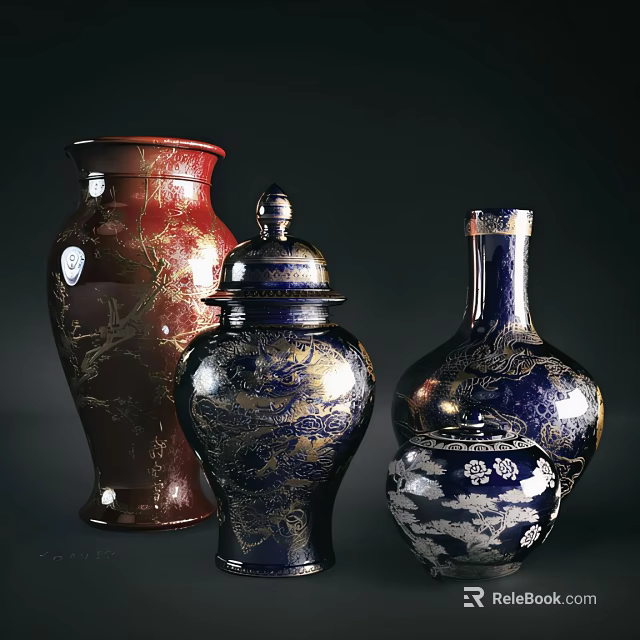 Traditional Red and Blue Ceramic Vessels With Gold Dragon Patterns and Floral Designs 3d model 