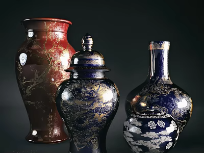 Traditional Red and Blue Ceramic Vessels With Gold Dragon Patterns and Floral Designs 3d model