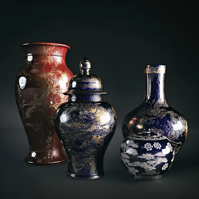 Traditional Red and Blue Ceramic Vessels With Gold Dragon Patterns and Floral Designs 3d model