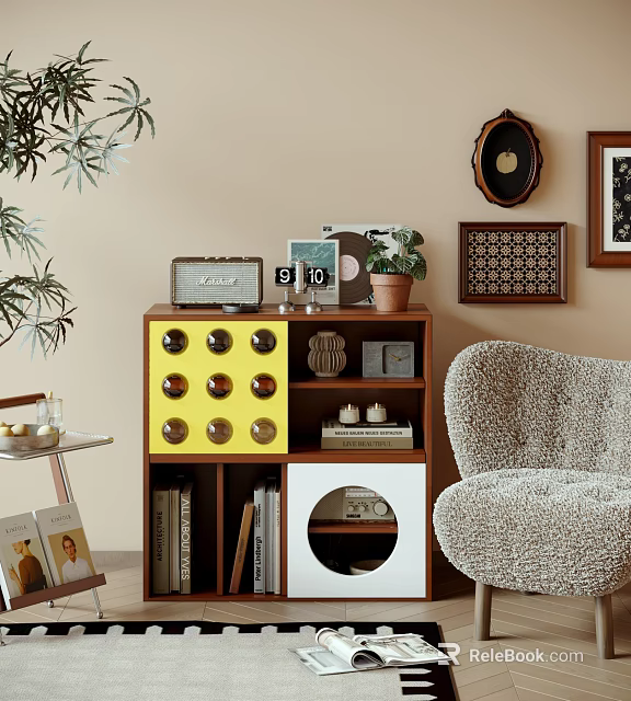 Yellow Accent Decorative Cabinet With Vinyl Records Clock Potted Plant Books And Fluffy Chair 3d model 