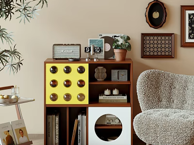 Yellow Accent Decorative Cabinet With Vinyl Records Clock Potted Plant Books And Fluffy Chair 3d model