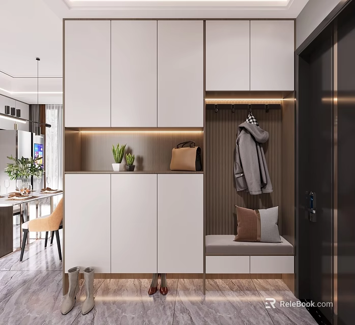 Modern Entryway With Storage Cabinets Bench Coat Rack And Plants 3d model