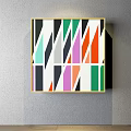 Colorful Geometric Abstract Painting With Triangles Polygons And Yellow Frame On Wall