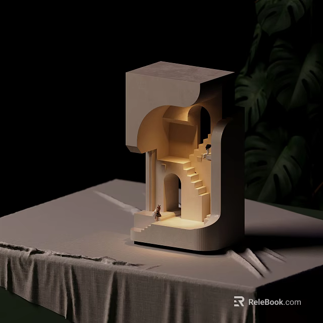 Warm Light Wall Lamp In Architectural Model With Staircase Archway And Green Plant Background 3d model 