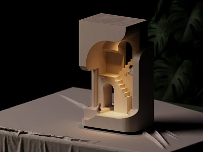 Warm Light Wall Lamp In Architectural Model With Staircase Archway And Green Plant Background 3d model