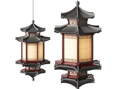 Traditional Chinese Style Chandeliers With Multi Tiered Structure Black Roof Red Frame And Beige Lampshade Design 3d model