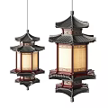 Traditional Chinese Style Chandeliers With Multi Tiered Structure Black Roof Red Frame And Beige Lampshade Design