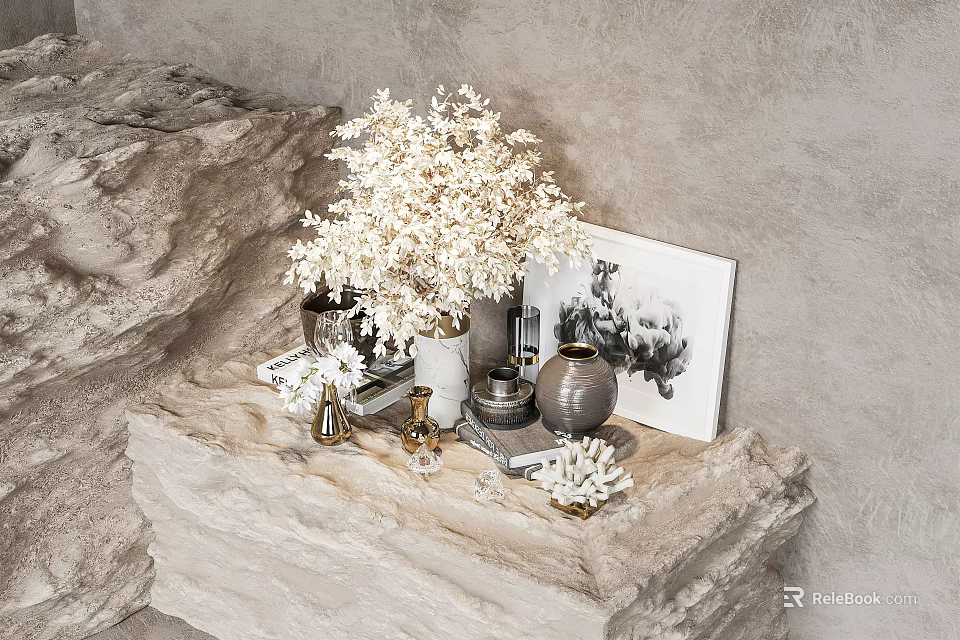 Decorative Ornaments Set with White Floral Bouquet Vase Picture Frame on Stone Surface Gray Backdrop 3d model 