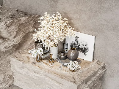 Decorative Ornaments Set with White Floral Bouquet Vase Picture Frame on Stone Surface Gray Backdrop 3d model