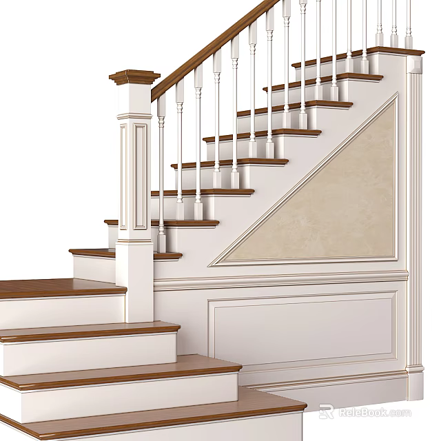 Elegant Staircase With Wooden Steps White Railings And Decorative Paneled Wall 3d model 