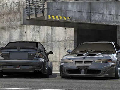 Two Black And Gray Sports Cars Parked Near Concrete Tunnel Entrance With Warning Stripes 3d model