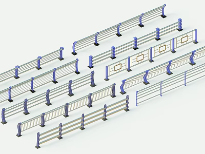 Different Types Of Road Railings With Metal Structure Blue And White Vertical Posts 3d model