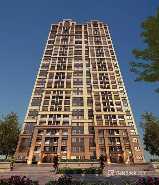 High rise Modern Residential Building Exterior With Glass Windows Balconies And Green Trees 3d model 