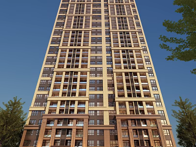 High rise Modern Residential Building Exterior With Glass Windows Balconies And Green Trees 3d model