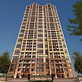 High rise Modern Residential Building Exterior With Glass Windows Balconies And Green Trees