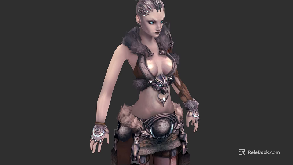 Fur Trimmed Leather Clothing With Ornate Armor Like Details And Short Skirt 3d model 
